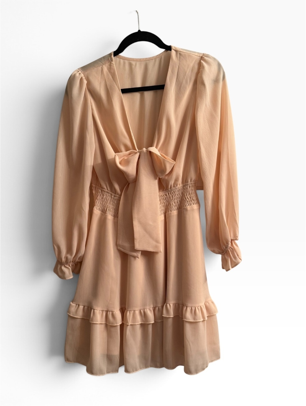 Peach Long Sleeve Ruffle Dress with Bow Tie Front, Size S